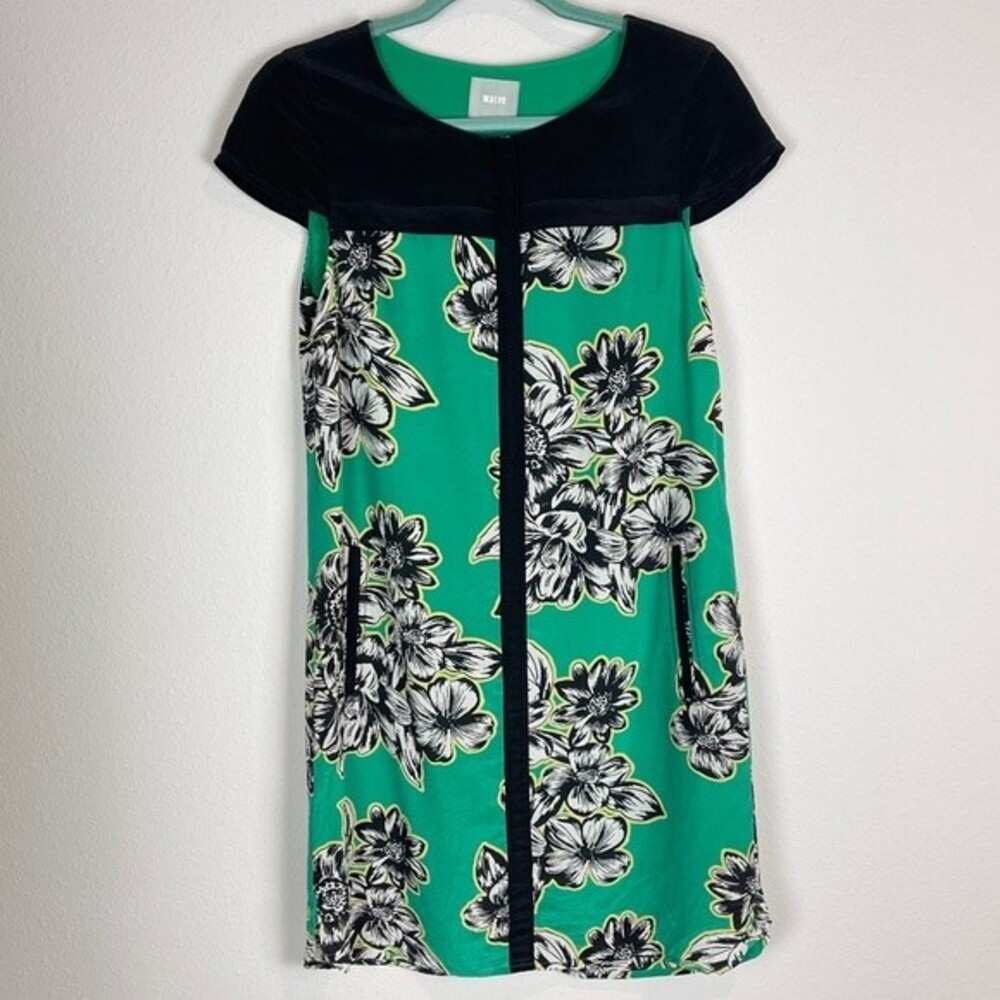 Maeve Anthropologie Silk Green Floral Cap Sleeve Mini Shift Dress 4